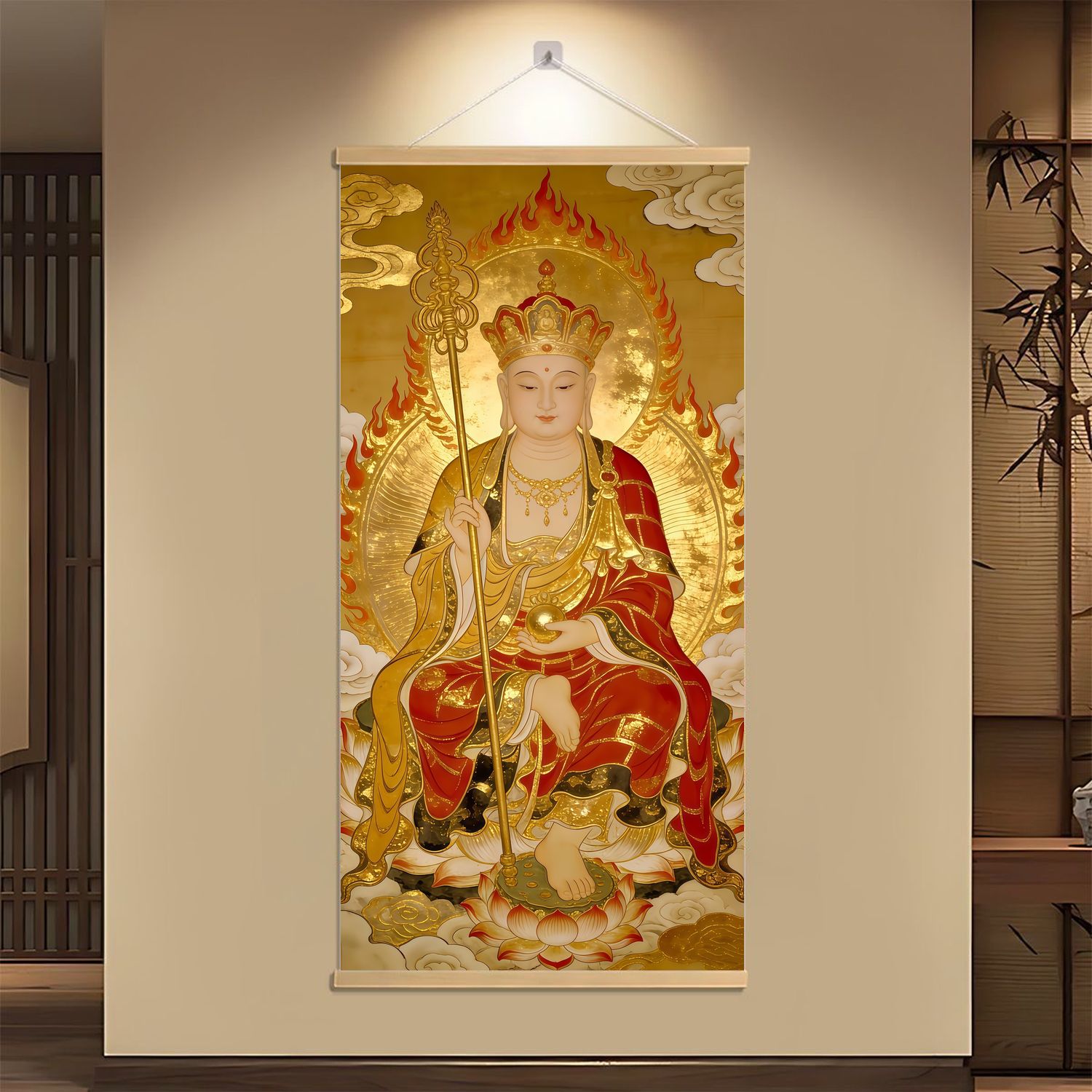 藏唐卡五财黄财神背景壁画墙布玄关堂口寺庙佛堂酒店客厅壁布定制