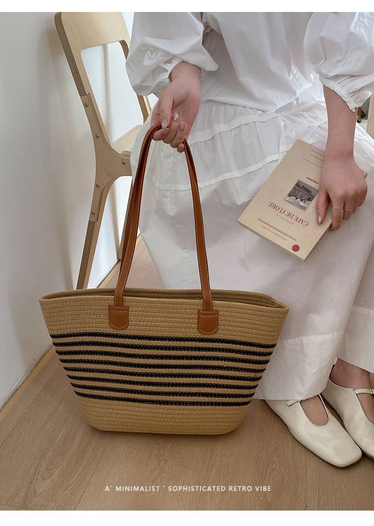Geflochtene Stroh Eimer Tasche Große Damen Strandtasche_voghion.com