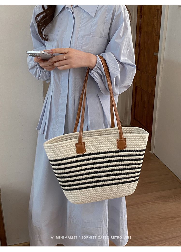 Geflochtene Stroh Eimer Tasche Große Damen Strandtasche_voghion.com