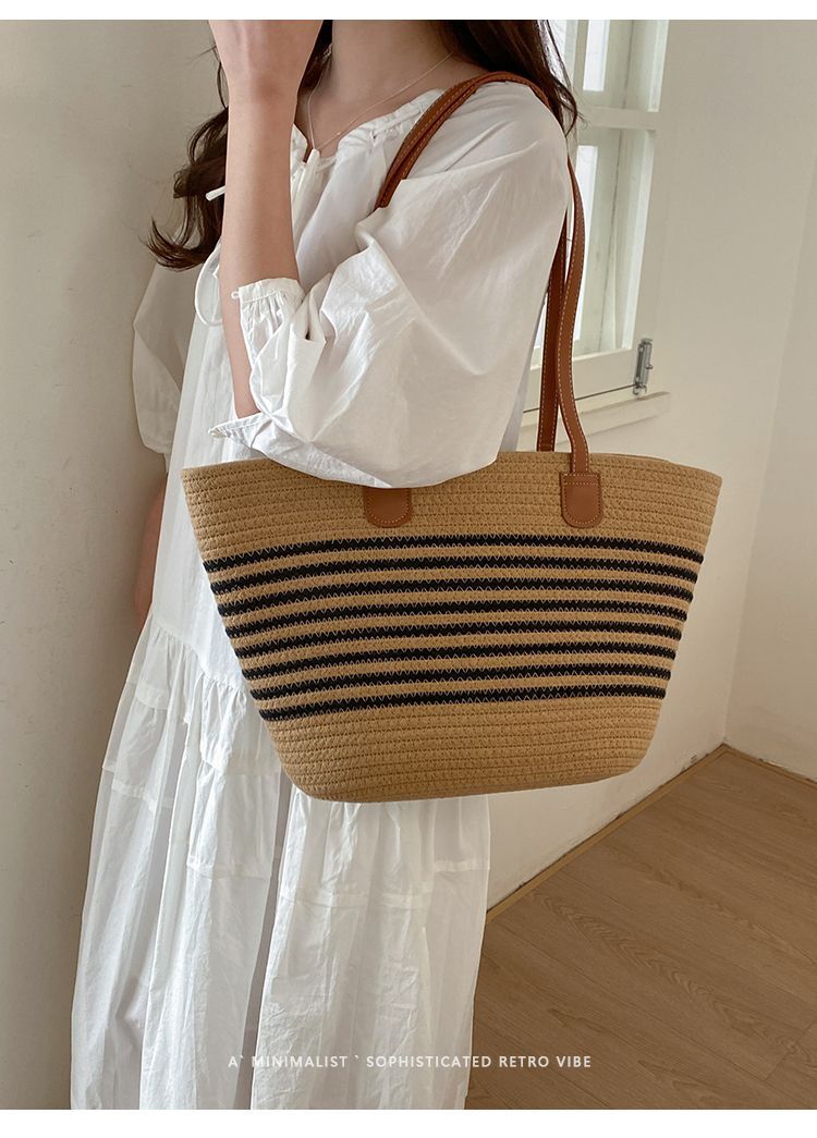 Geflochtene Stroh Eimer Tasche Große Damen Strandtasche_voghion.com