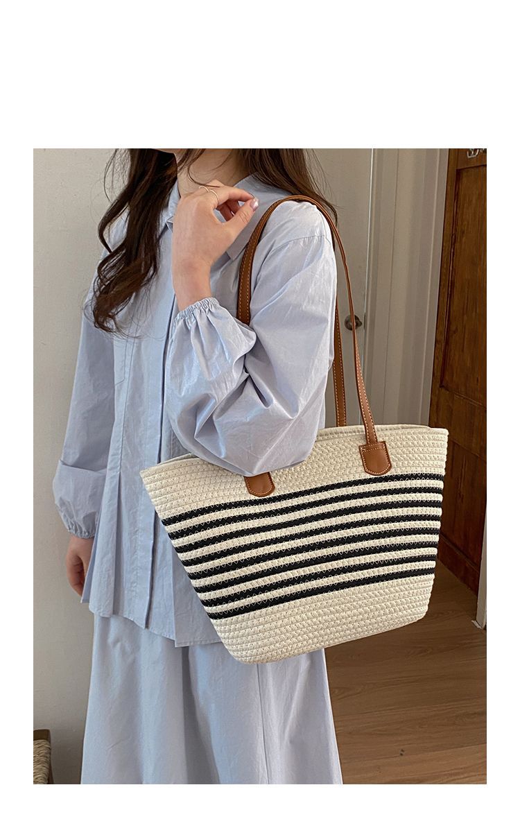 Geflochtene Stroh Eimer Tasche Große Damen Strandtasche_voghion.com