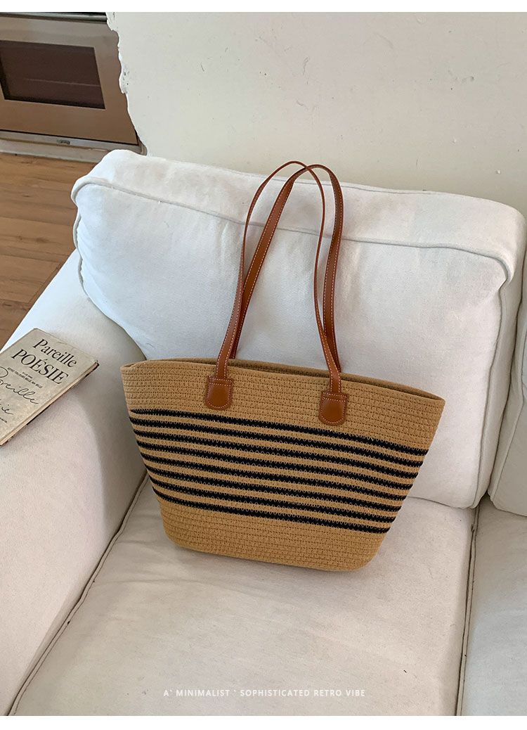 Geflochtene Stroh Eimer Tasche Große Damen Strandtasche_voghion.com