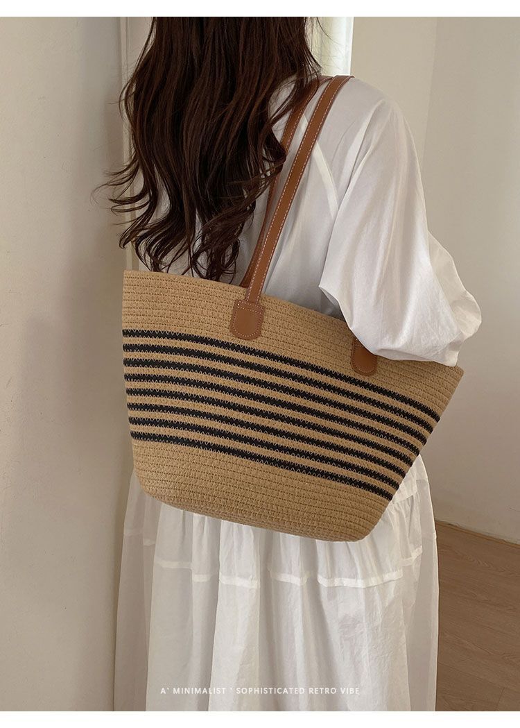 Geflochtene Stroh Eimer Tasche Große Damen Strandtasche_voghion.com