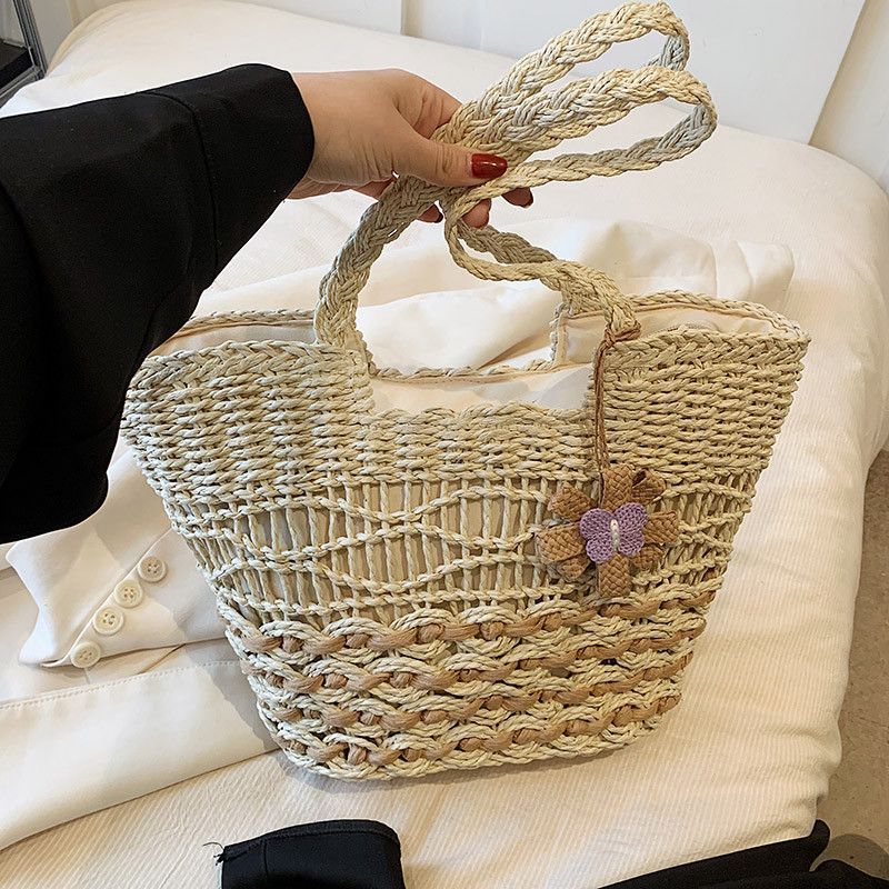 Große Damen-Handtasche im neuen Stil, ideal für den Urlaub, Strandtasche aus Stroh, Gemüsekorb_voghion.com
