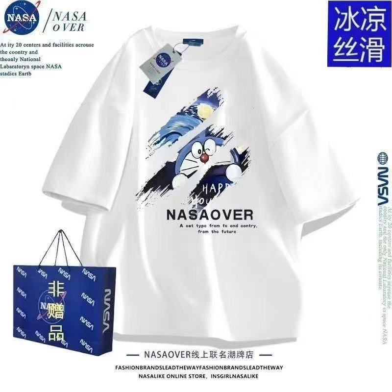 NASA联名叮当猫潮牌冰丝纯色短袖t恤男女款情侣夏季宽松潮牌上衣