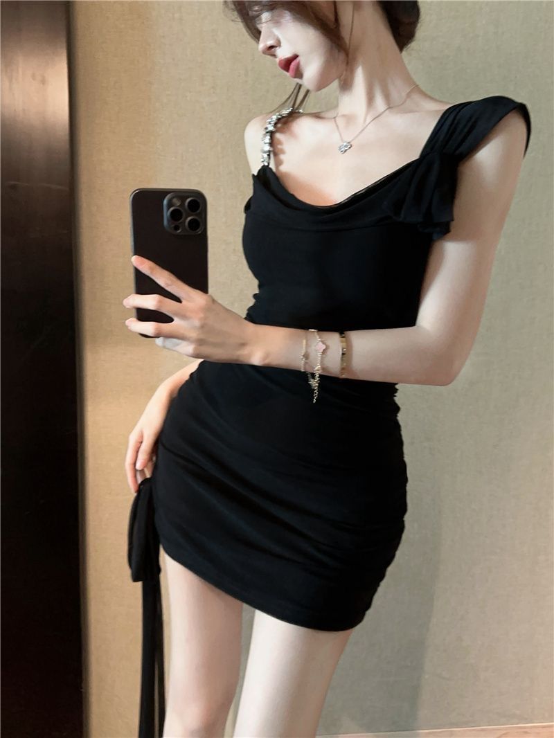 Zwarte bodycon minijurk met strass voor dames feest_voghion.com