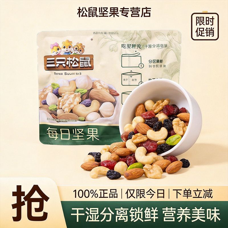 【三只松鼠】每日坚果干湿分离独立小包装小袋装混合6种坚果仁3种果干