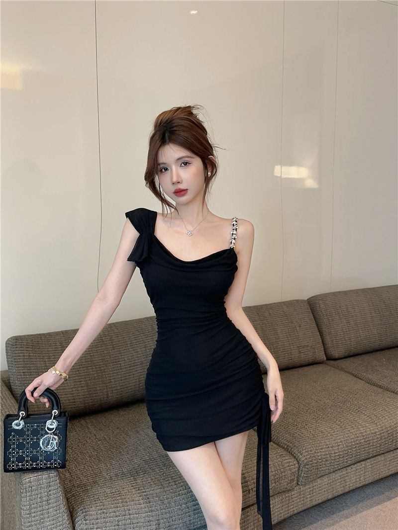 Zwarte bodycon minijurk met strass voor dames feest_voghion.com