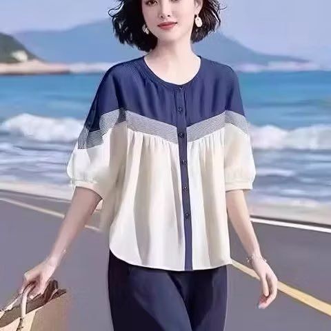 素雅精品女装复古洋气拼接宽松衬衫松紧腰九分阔腿裤时尚潮流套装 图片 10