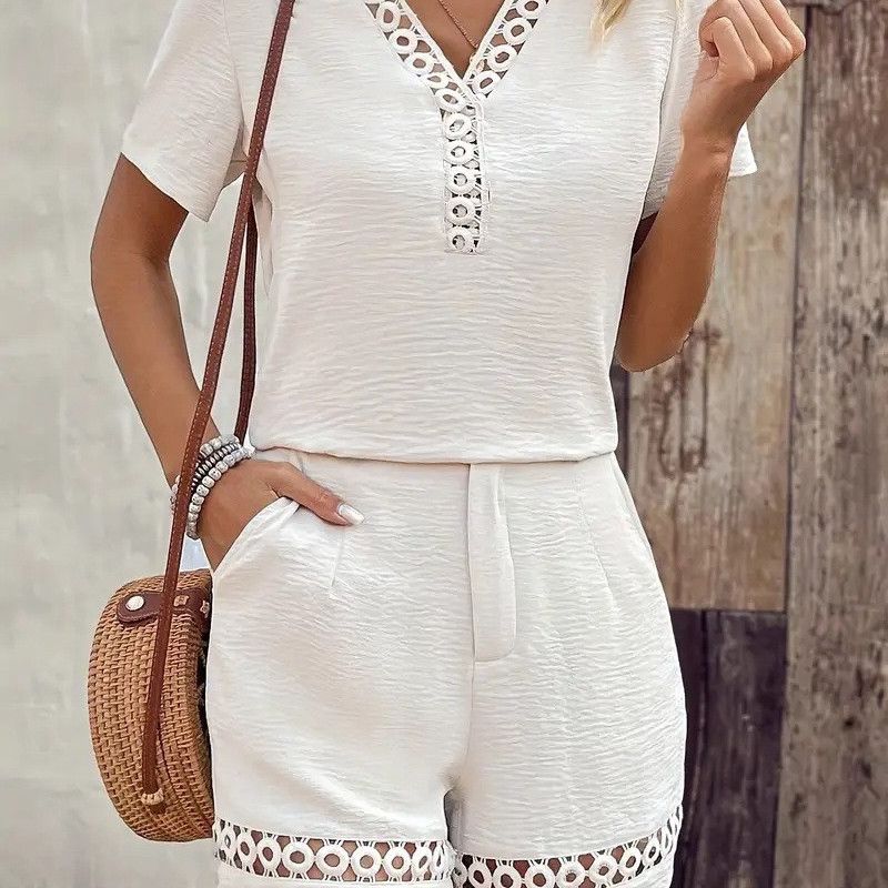 Women V Neck Patchwork Short Sleeve Top & Solid Color Shorts 2 Piece Outfit Set Casual Summer Matching Tracksuit_voghion.com