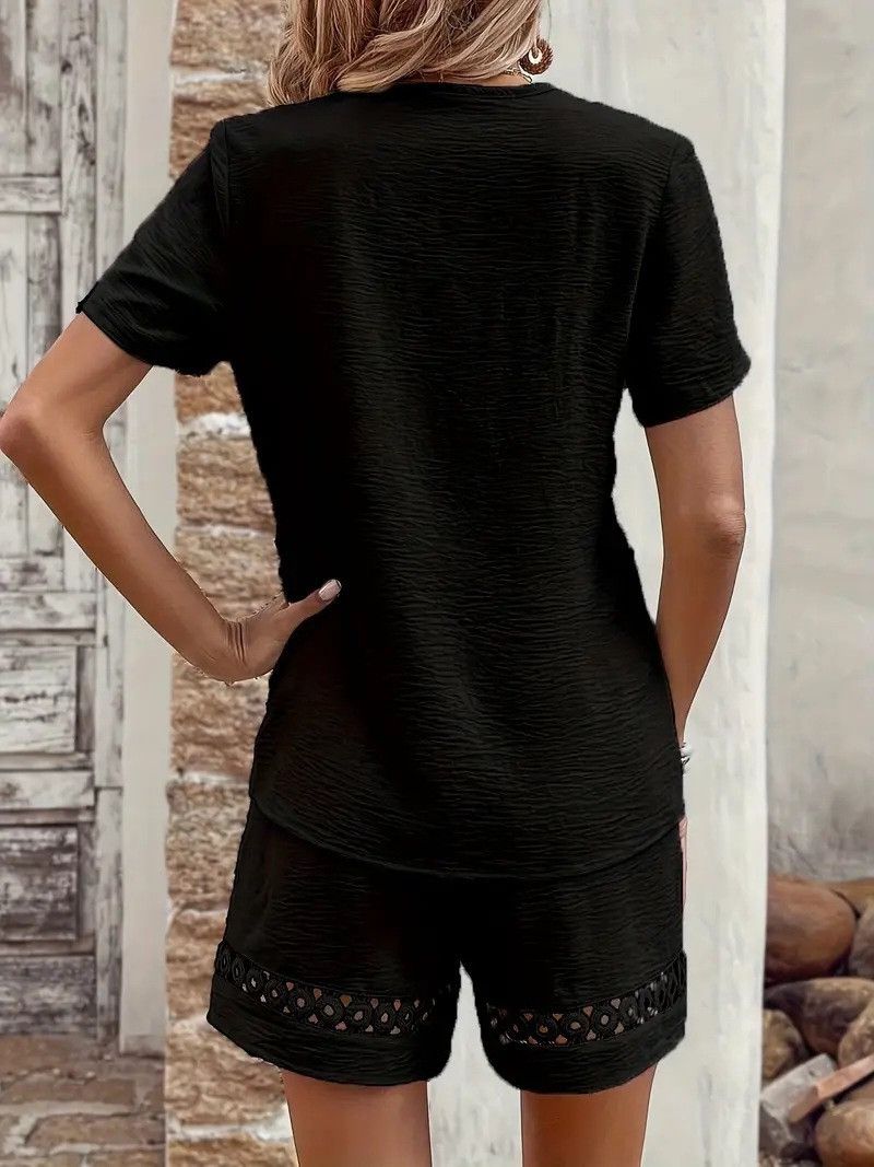 Women's V-neck Patchwork Top And Solid Colour Shorts Summer Set_voghion.com