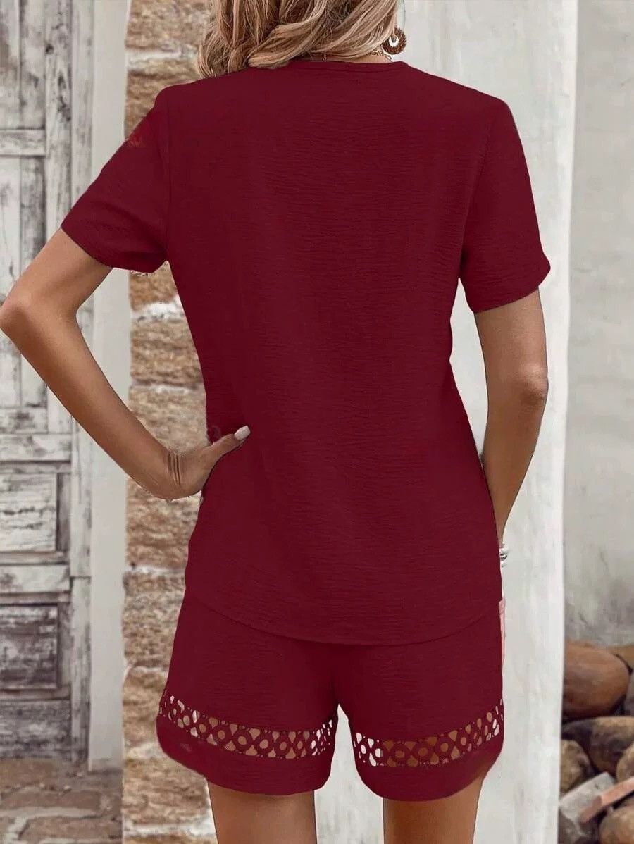 Women's V-neck Patchwork Top And Solid Colour Shorts Summer Set_voghion.com