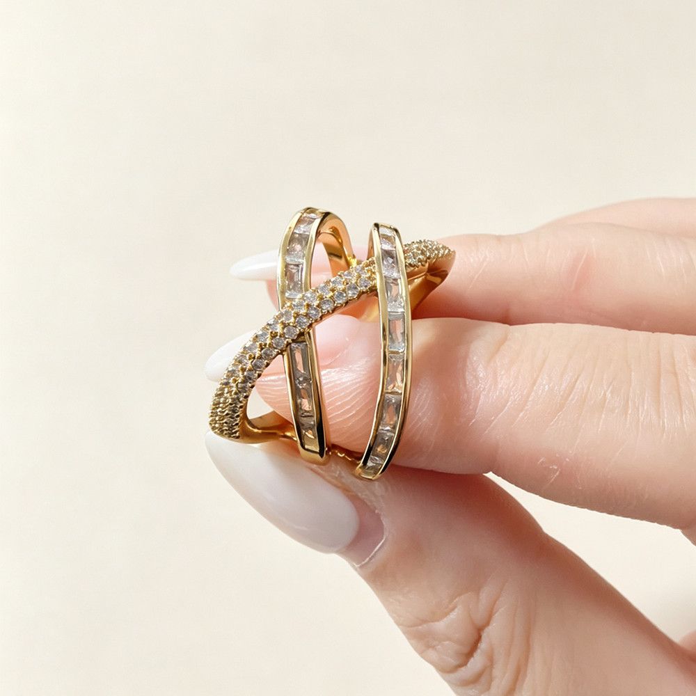 gold Cross-Shining Irregular Zircon Full-Diamond Ring_voghion.com