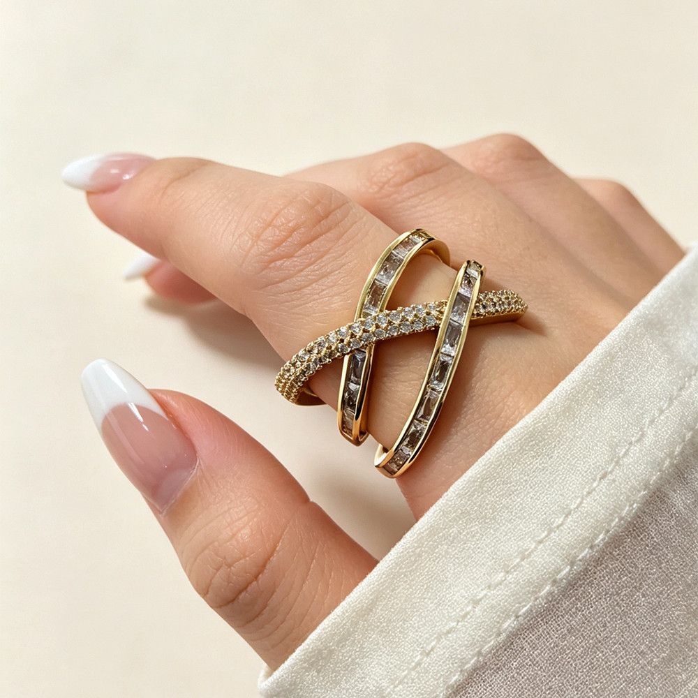 gold Cross-Shining Irregular Zircon Full-Diamond Ring_voghion.com