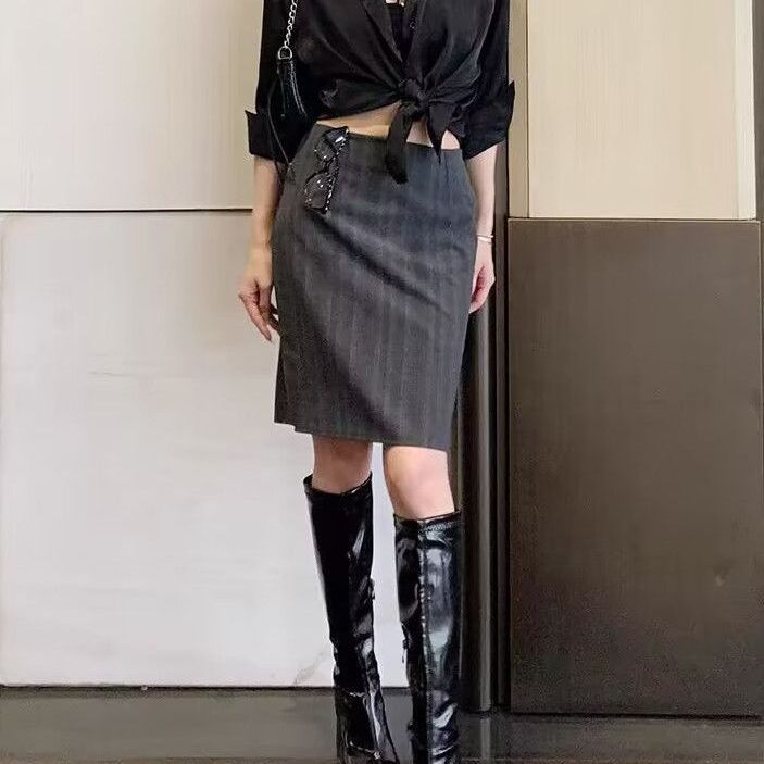 春夏灰色条纹半身裙女新款显瘦显腿长职业时尚百搭高腰半裙包臀 图片 5