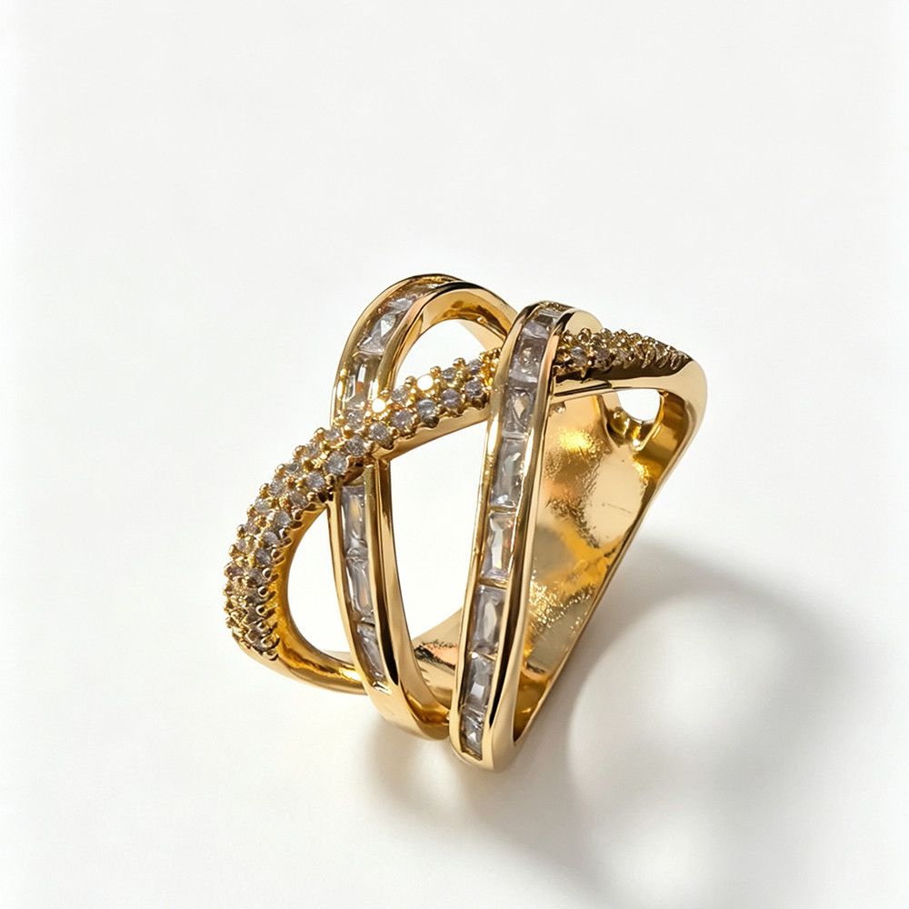 gold Cross-Shining Irregular Zircon Full-Diamond Ring_voghion.com