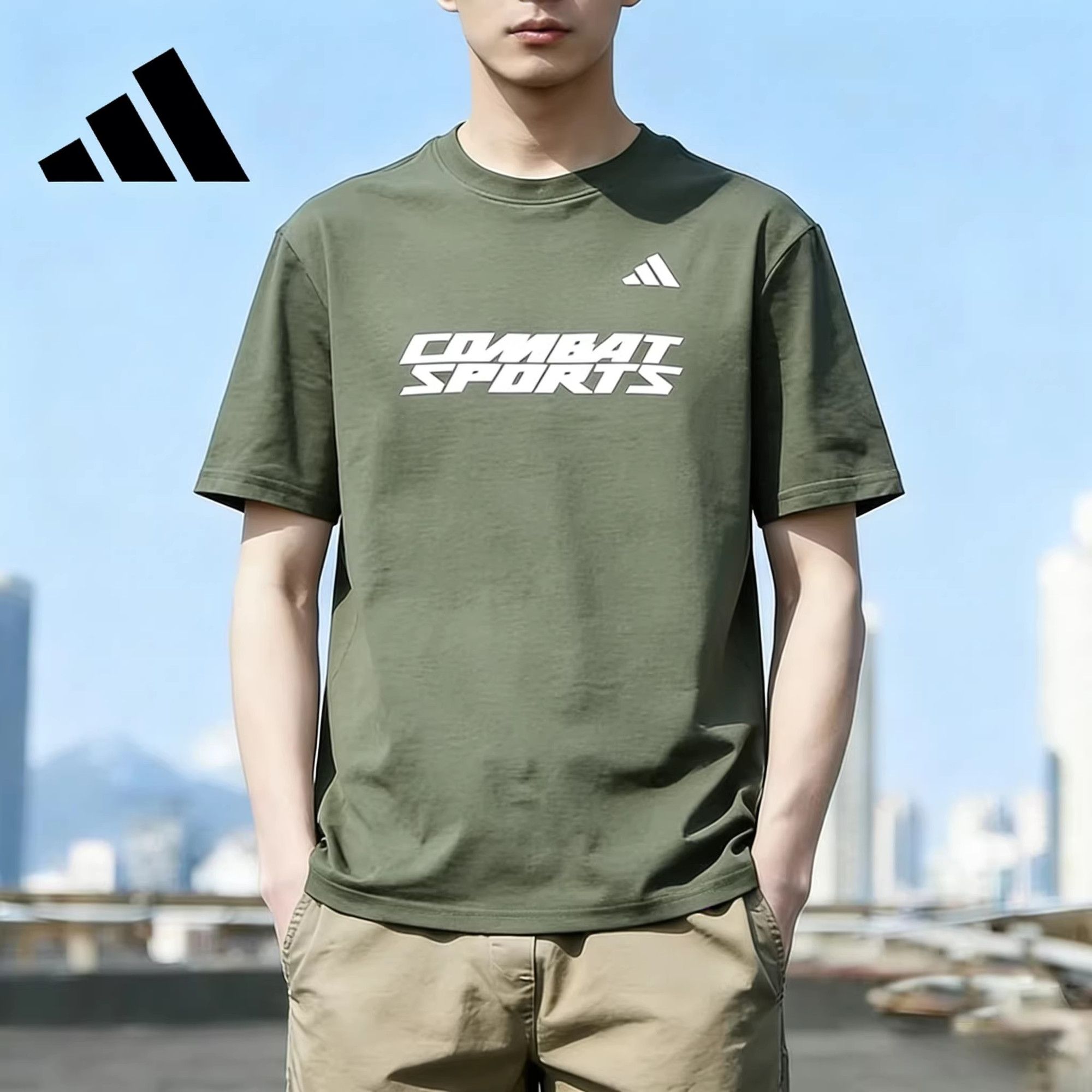 adidas阿迪达斯男士棉短袖黑色logo印花短袖T恤速干运动休闲上衣
