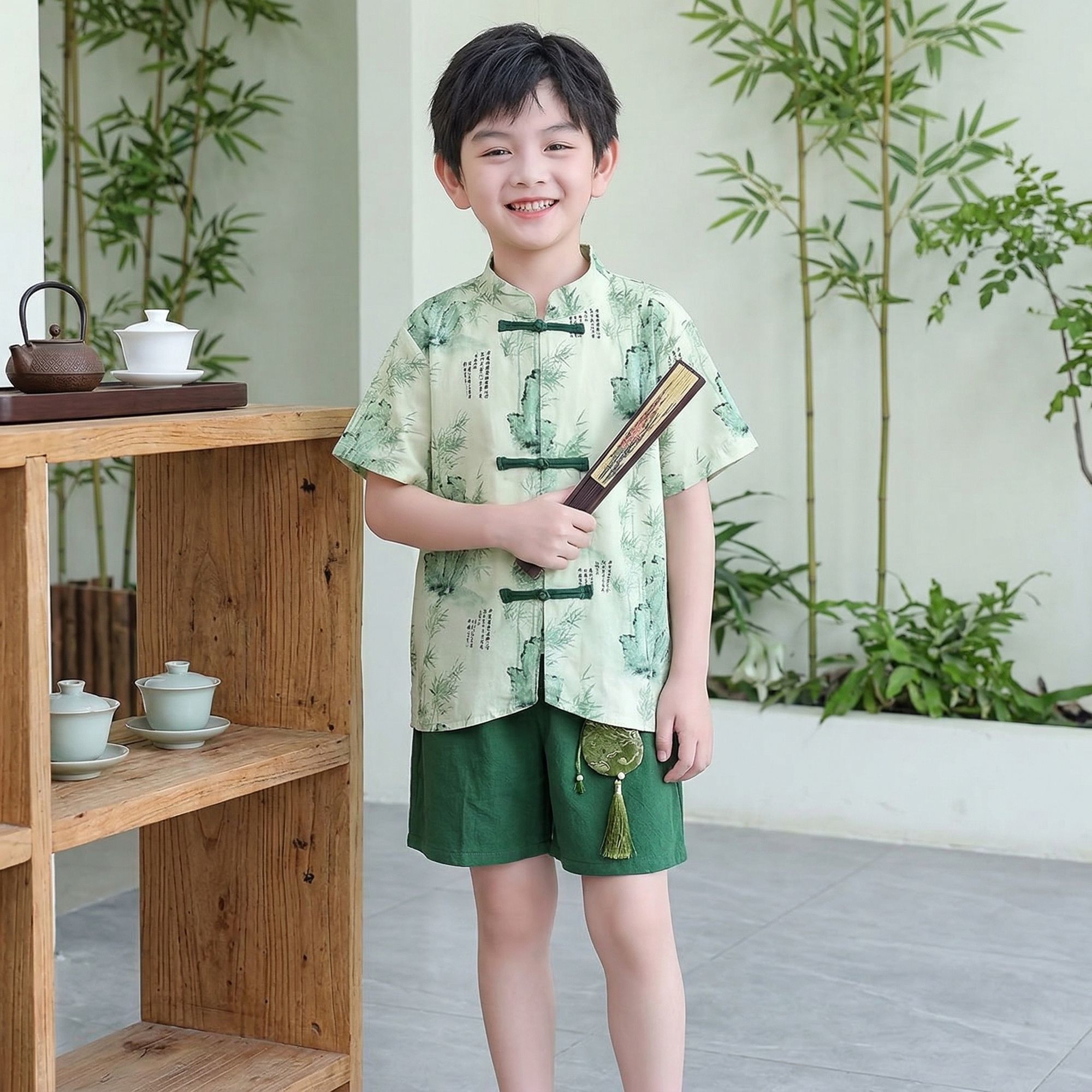中国风国潮儿童姐弟夏装短袖薄款汉服民族服旗袍五一六一演出服