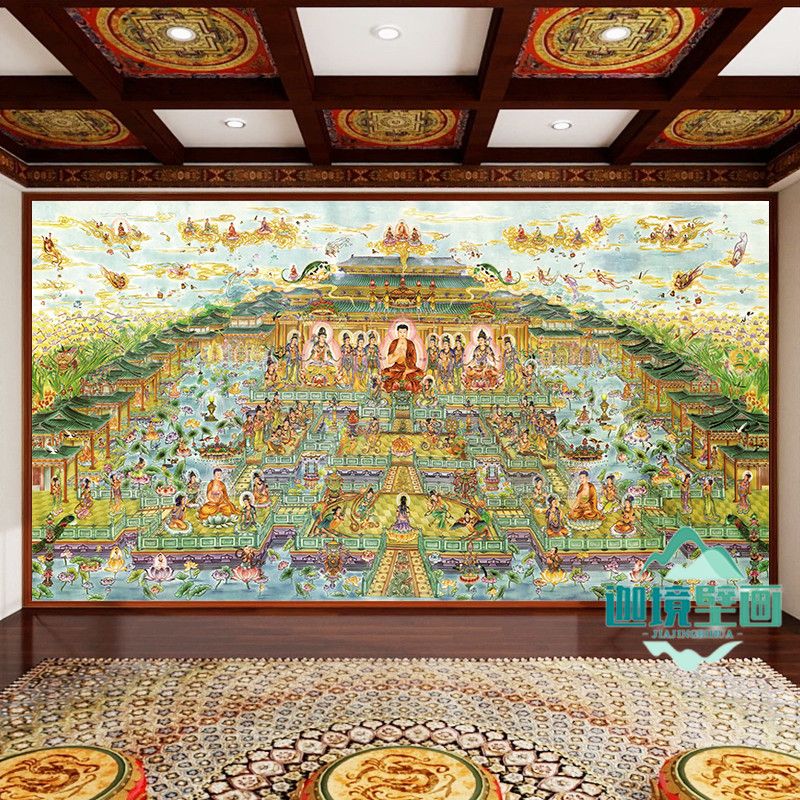 西方极乐世界背景墙布飞天仕女佛祖庄严全景图千佛图佛堂壁画定制 2