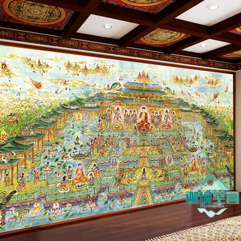 西方极乐世界背景墙布飞天仕女佛祖庄严全景图千佛图佛堂壁画定制 4