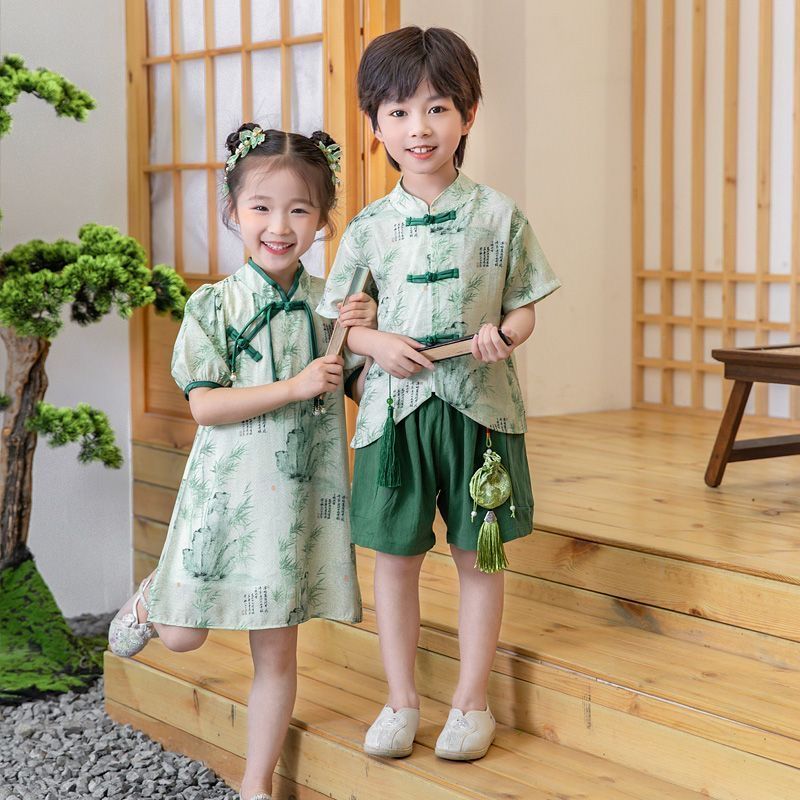 中国风国潮儿童姐弟夏装短袖薄款汉服民族服旗袍五一六一演出服 图片 2