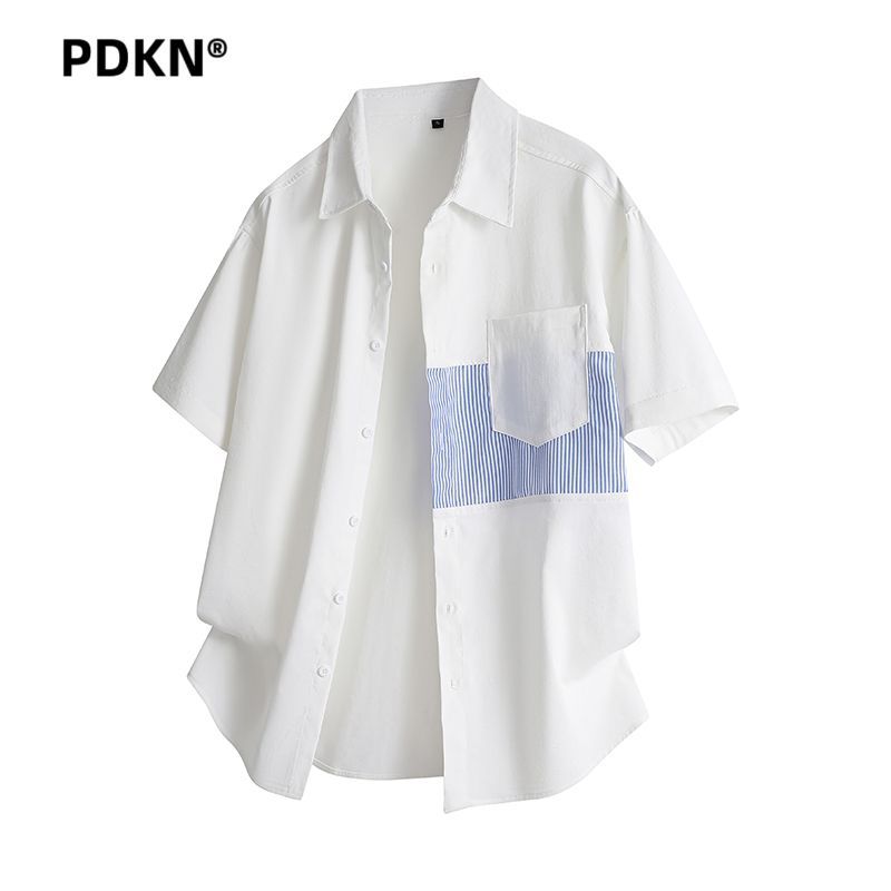 PDKN日系简约条纹拼接宽松翻领衬衫男2026夏季新款潮流短袖衬衣男