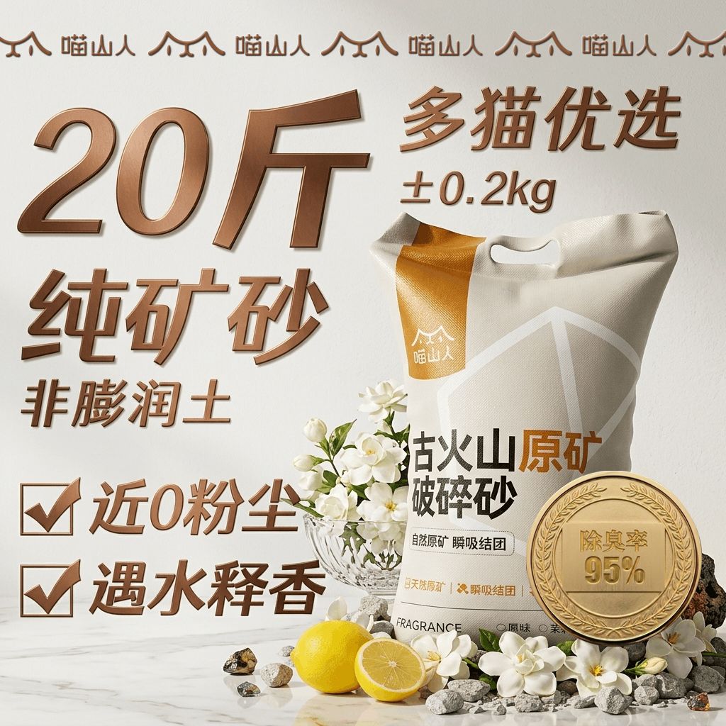 喵山人猫砂矿砂20斤原矿低粉尘除臭祛味吸水多猫家庭囤货室内用品
