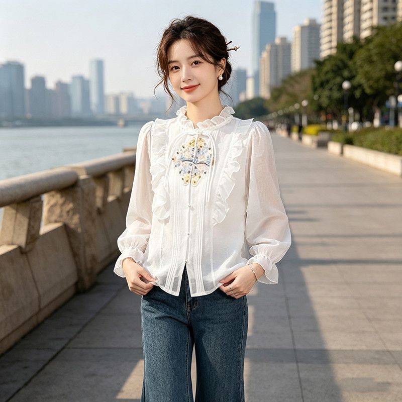 2026春季新款设计感重工钉珠绣花盘扣荷叶边宽松长袖女士衬衫上衣