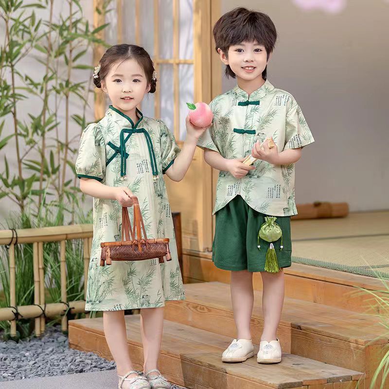 中国风国潮儿童姐弟夏装短袖薄款汉服民族服旗袍五一六一演出服 图片 3