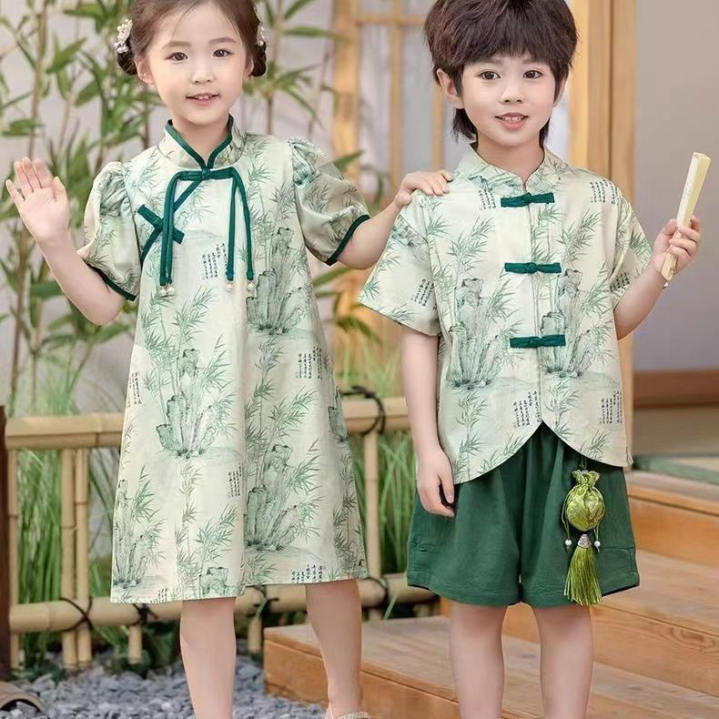 中国风国潮儿童姐弟夏装短袖薄款汉服民族服旗袍五一六一演出服 图片 4