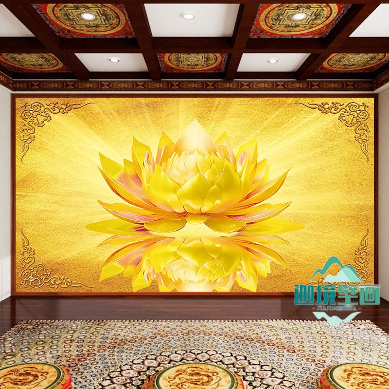 金色大莲花佛道仙背景墙画佛光普照寺庙佛堂壁纸佛像菩萨背景定制 2