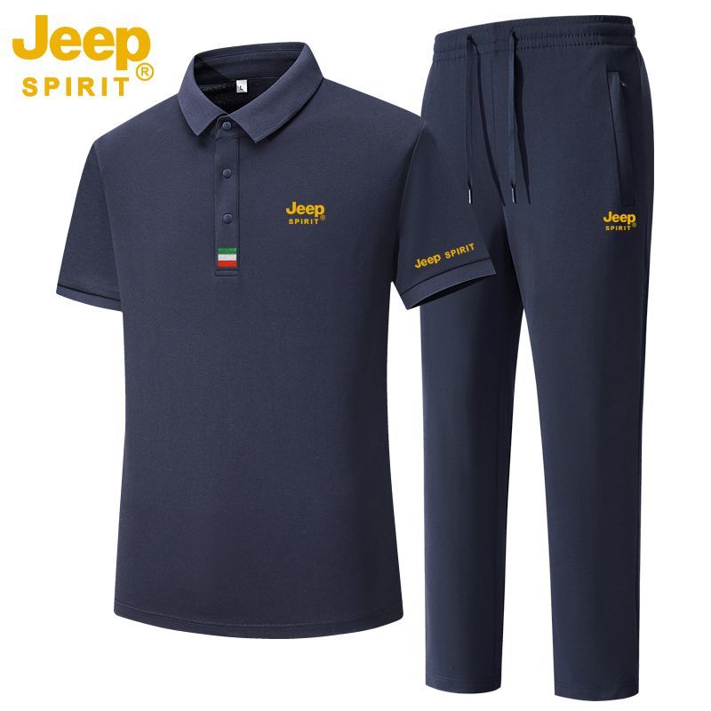 JEEP吉普夏季男士运动服套装中老年透气翻领polo衫短袖休闲两件套