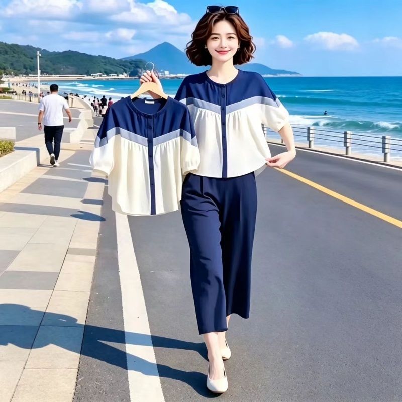 素雅精品女装复古洋气拼接宽松衬衫松紧腰九分阔腿裤时尚潮流套装 图片 8