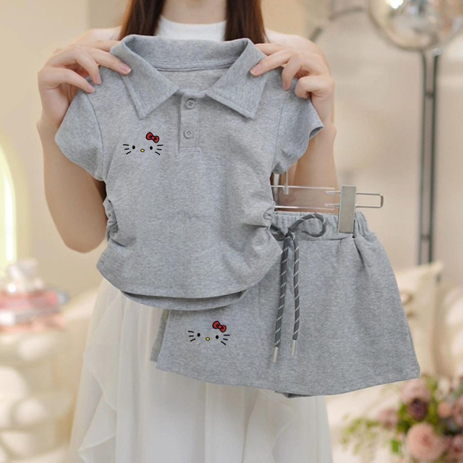 灰色HelloKitty少女套装甜美可爱POLO领上衣短裤裤裙休闲两件套
