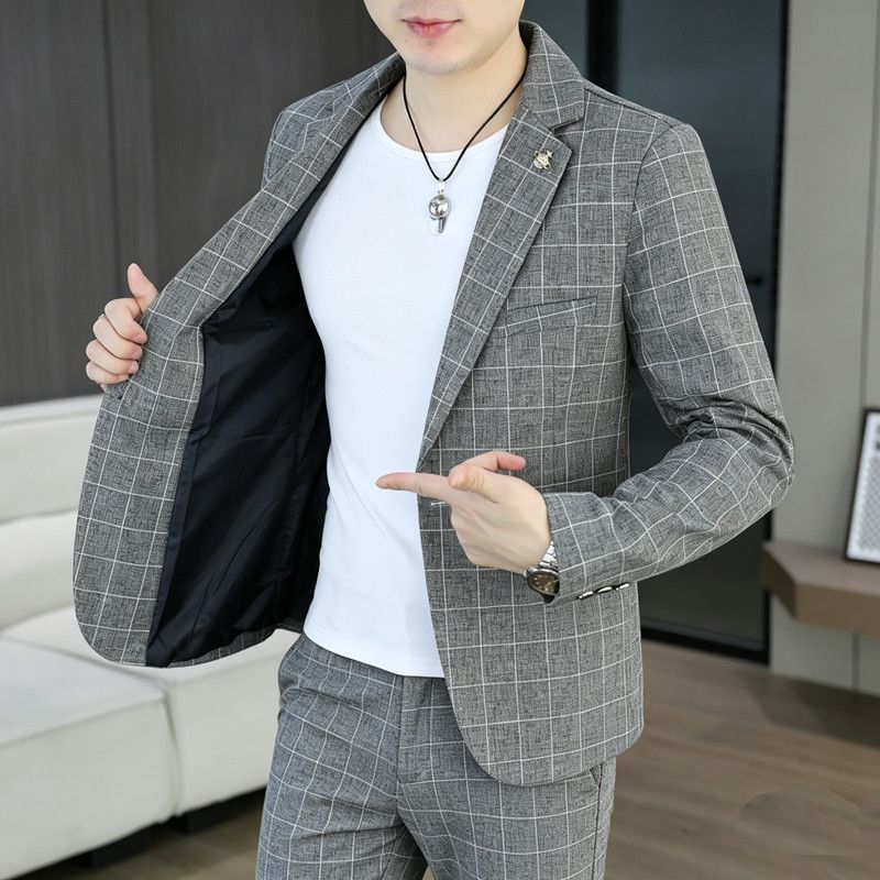 男士格子西装两件套春秋潮流修身帅气西服韩版休闲时尚发型师套装