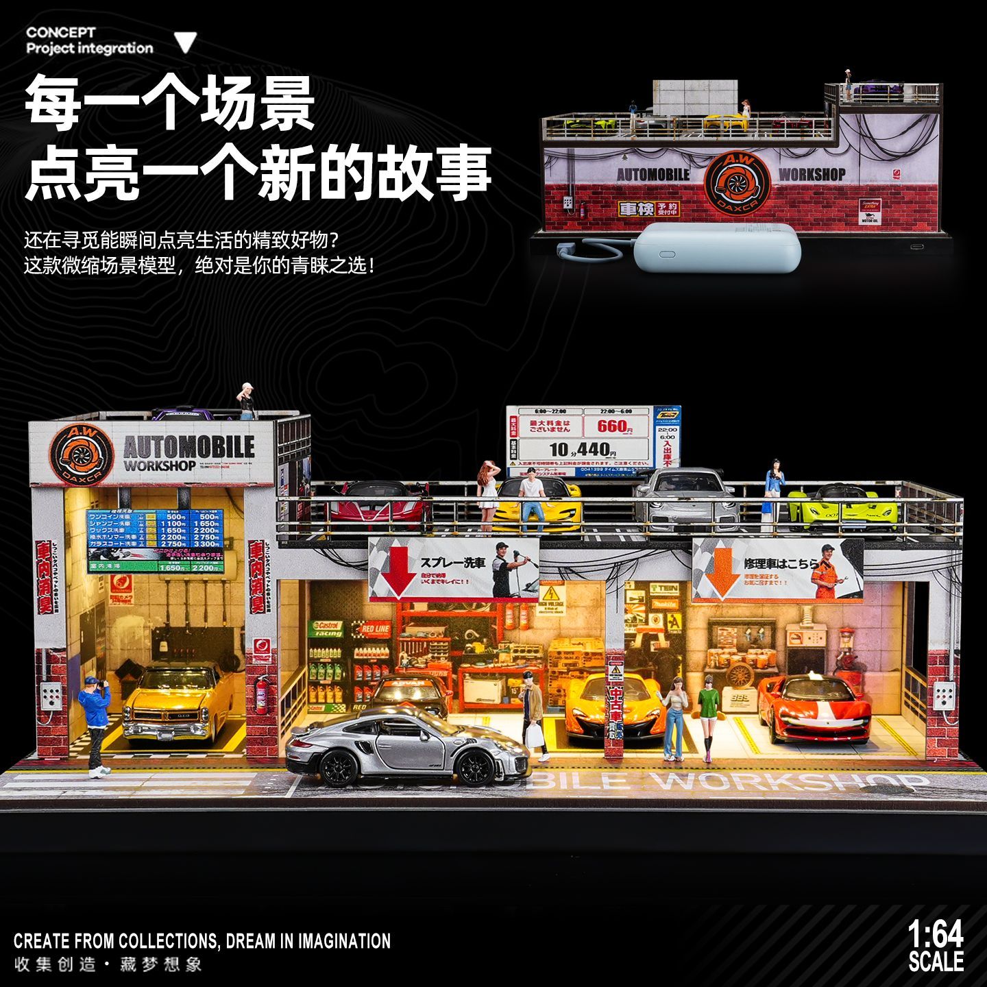 1:64双层停车场模型带灯光车库微缩场景适用多美卡适用风火轮收纳 图片 7