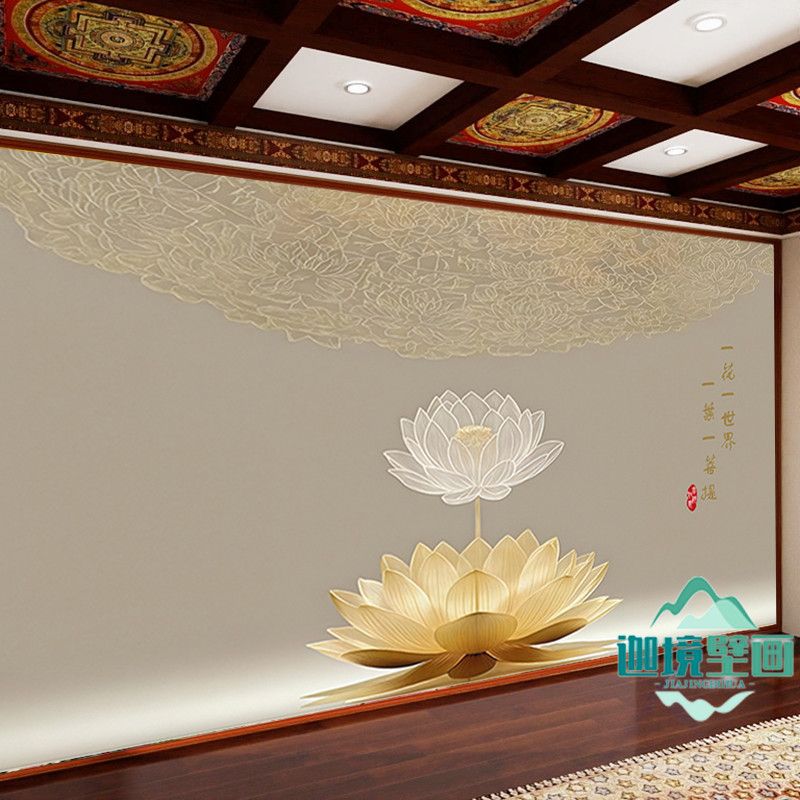 荷花壁纸静心莲花禅意壁画客厅书房茶室佛堂堂口寺庙背景布可定制 4