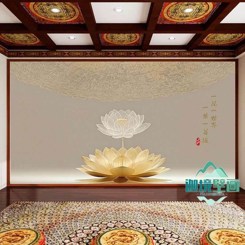 荷花壁纸静心莲花禅意壁画客厅书房茶室佛堂堂口寺庙背景布可定制 2