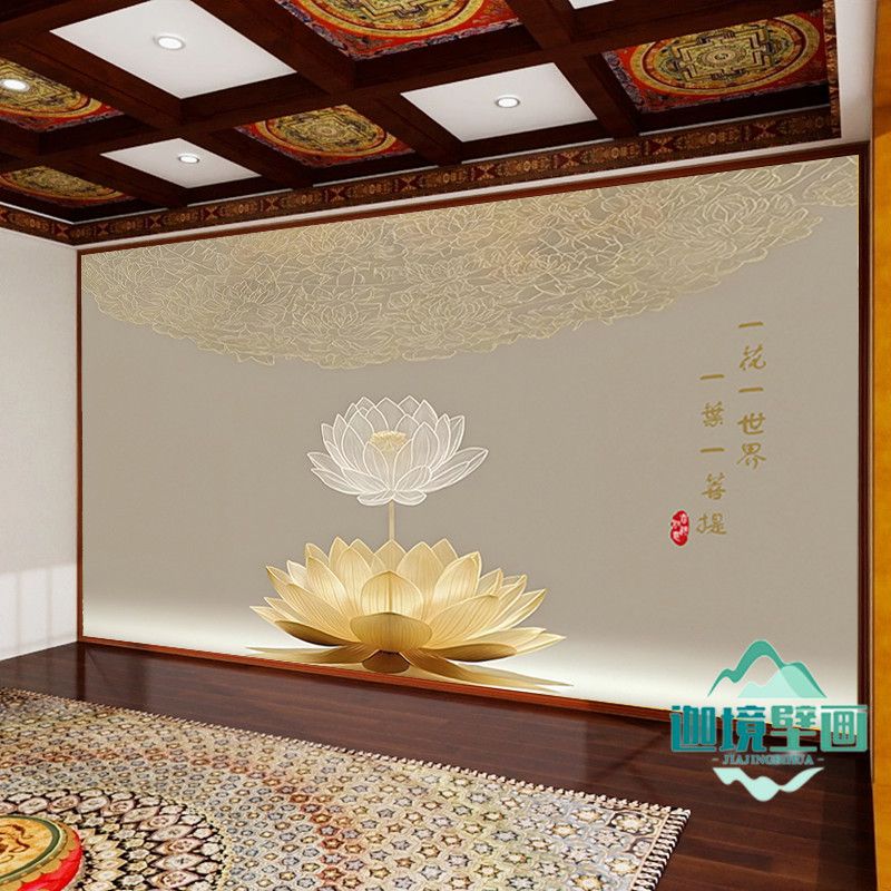 荷花壁纸静心莲花禅意壁画客厅书房茶室佛堂堂口寺庙背景布可定制 5