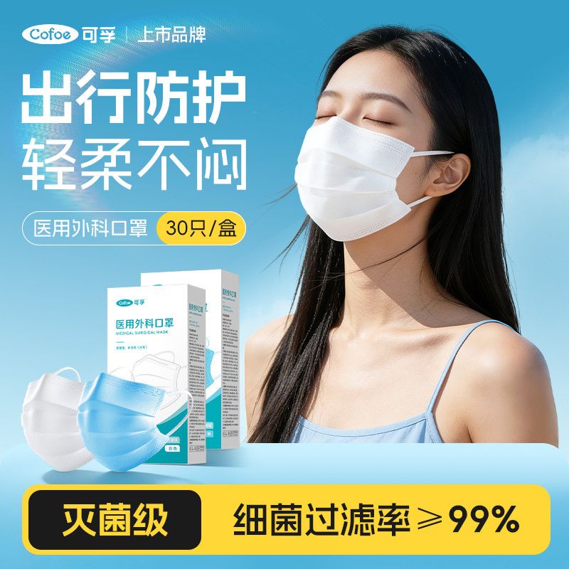 【可孚】医用外科口罩一次性独立包装成人灭菌级秋冬不勒耳薄款白蓝色