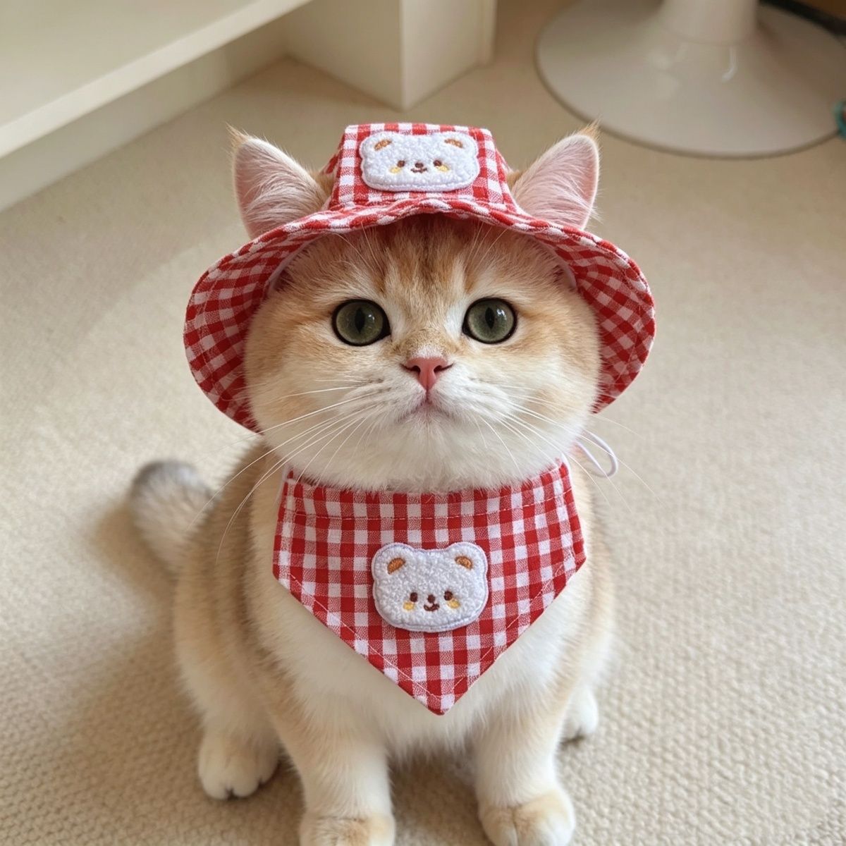 INS宠物风衣服秋季长毛猫咪可爱装扮围脖帽子套装布偶比熊三角巾