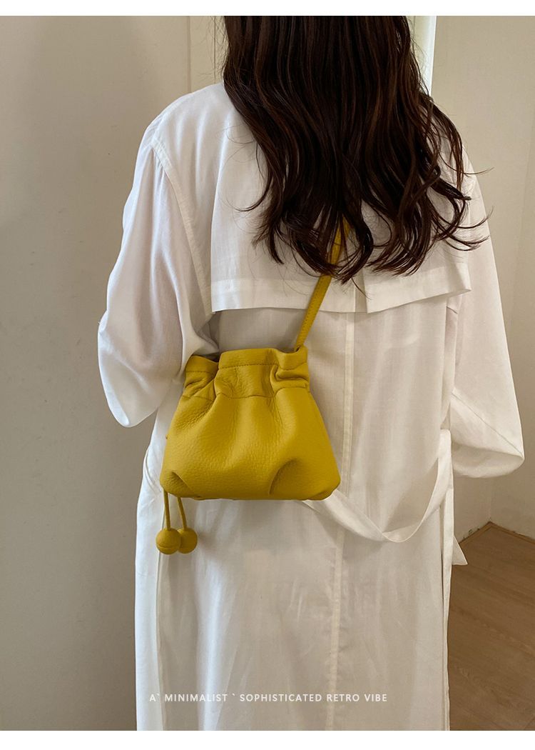 Yellow Drawstring Bucket Bag, Versatile Leather Shoulder Crossbody_voghion.com