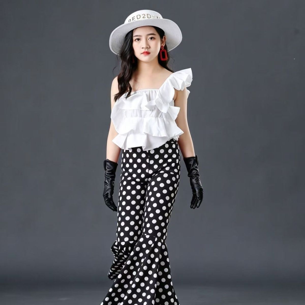 Children's Clothing Set Ruffle Top And Polka Dot Bell Bottoms_voghion.com