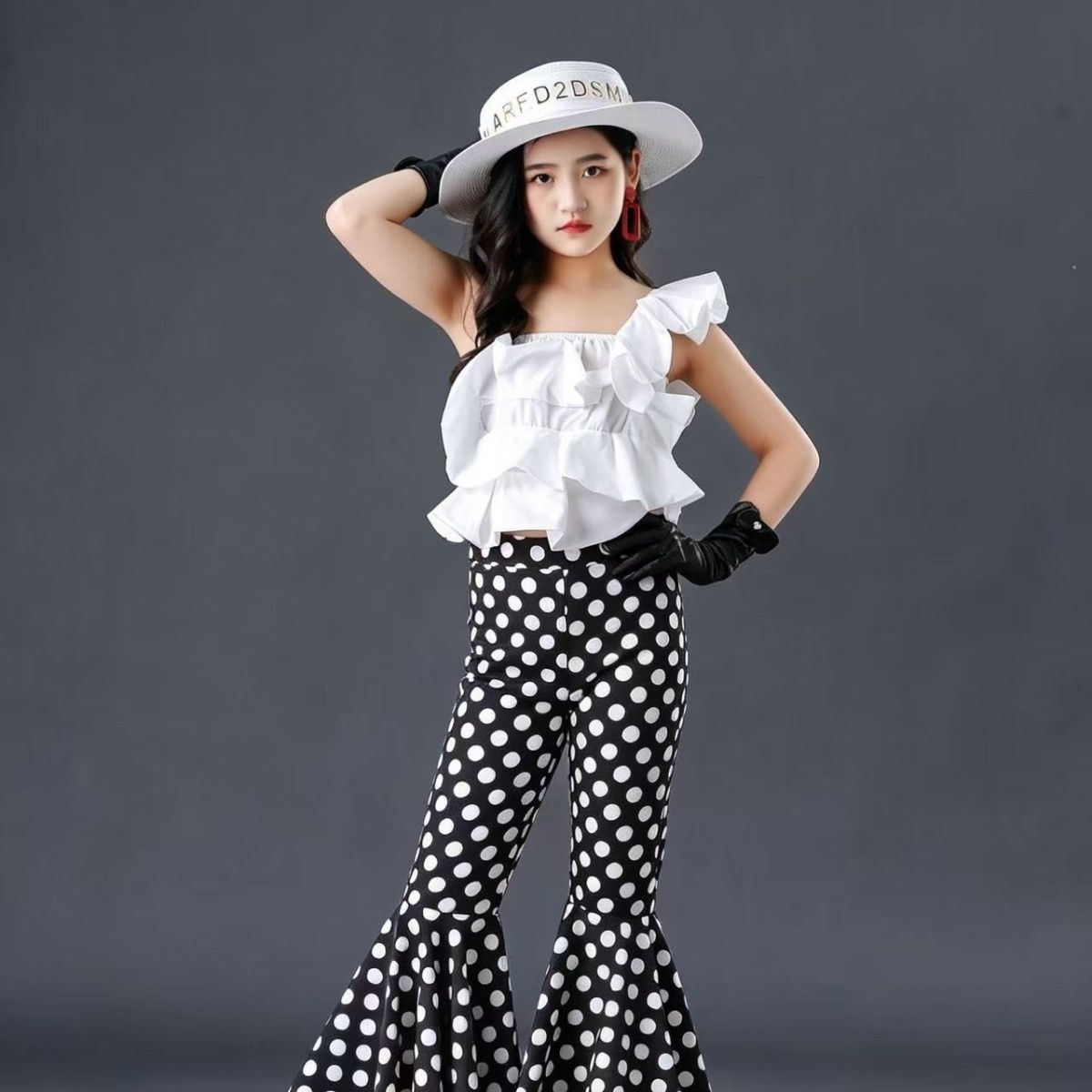 Children's Clothing Set Ruffle Top And Polka Dot Bell Bottoms_voghion.com