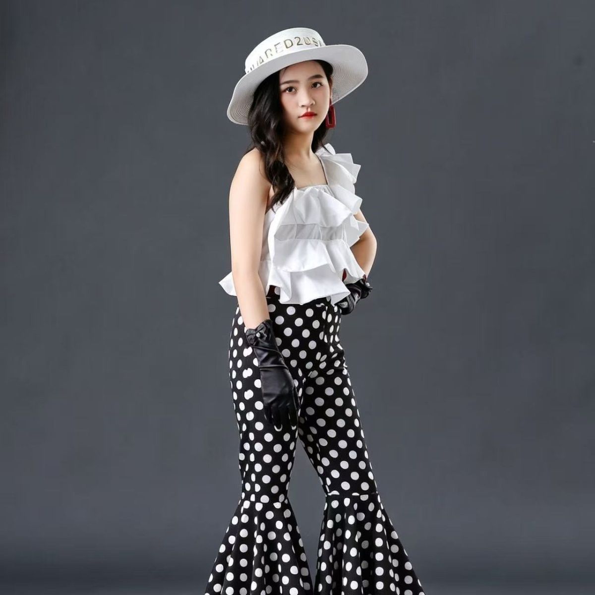Children's Clothing Set Ruffle Top And Polka Dot Bell Bottoms_voghion.com