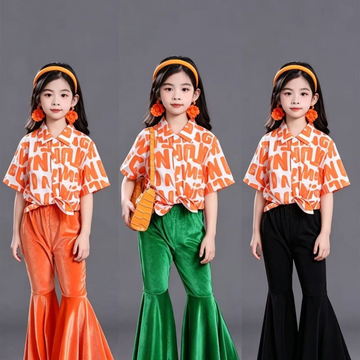 Conjunto de roupa retro para crianças calças boca de sino_voghion.com