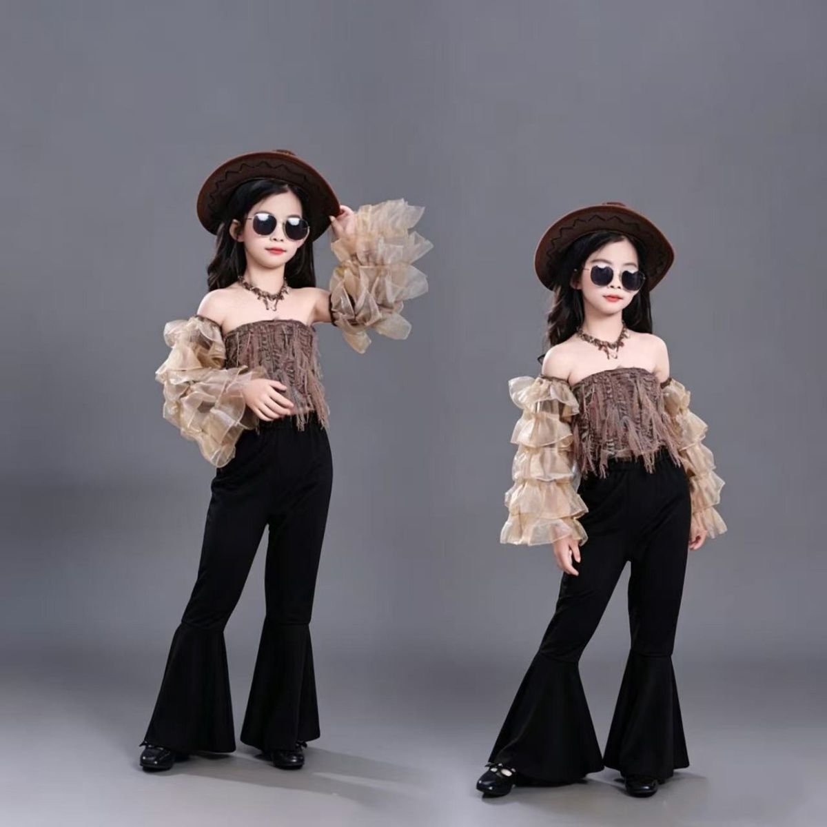Girls Retro Style Floral Performance Clothing Set For Girls_voghion.com