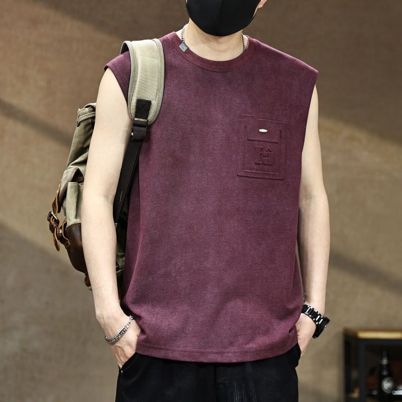 Ärmelloses T-Shirt-Top im amerikanischen Retro-Stil aus reiner Baumwolle für Herren, neuer Sommerstil, lockeres und trendiges Tanktop im Used-Look_voghion.com
