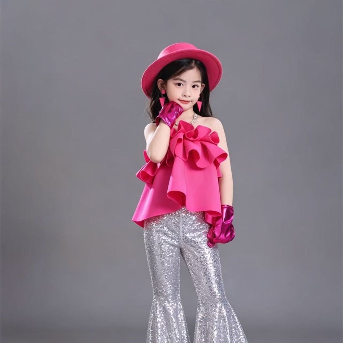 618090S Themed Nostalgic Performance Costume Dopamine Children's Retro Hong Kong Style Sequined Bell-Bottom Pants New_voghion.com