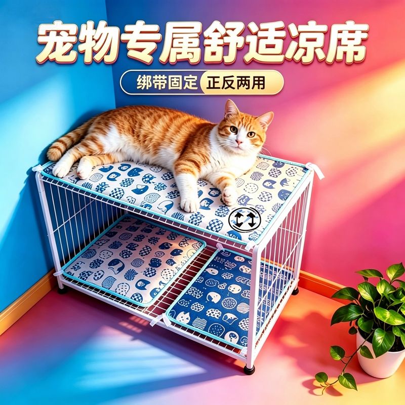 双面猫咪凉席宠物通用垫三四层兔狗可固定猫笼平台凉垫
